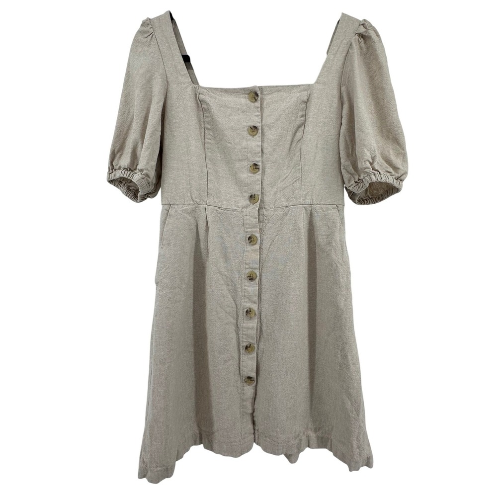Old Navy Linen Blend Button Front Dress S Oatmeal Puff Sleeve‎ Granola Cottage
